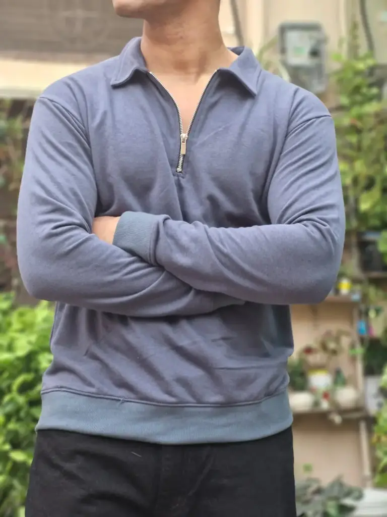 zippered collar casual pullovers (muted steel blue)